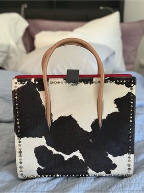 Christian Louboutin Black & White Paloma Large Cowboy/Calf Tote with Tan Handles